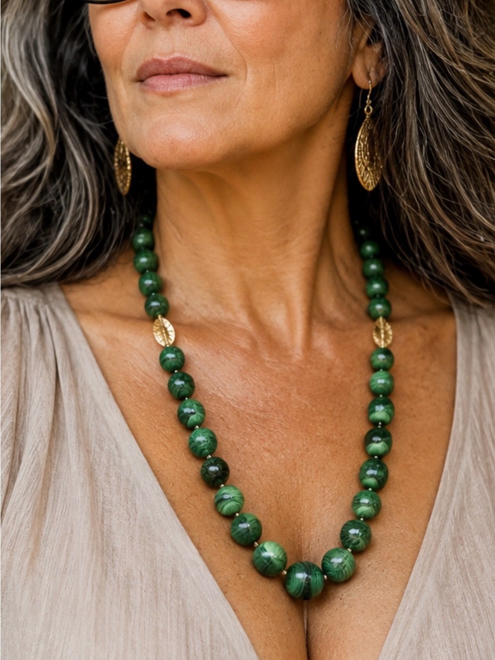 Elegant Malachite Beaded Necklace with Gold Accents - Handmade Women Jewelry